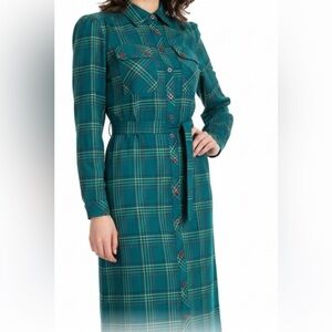 Vintage Turquoise Plaid Teal Shirt Dress with Belt